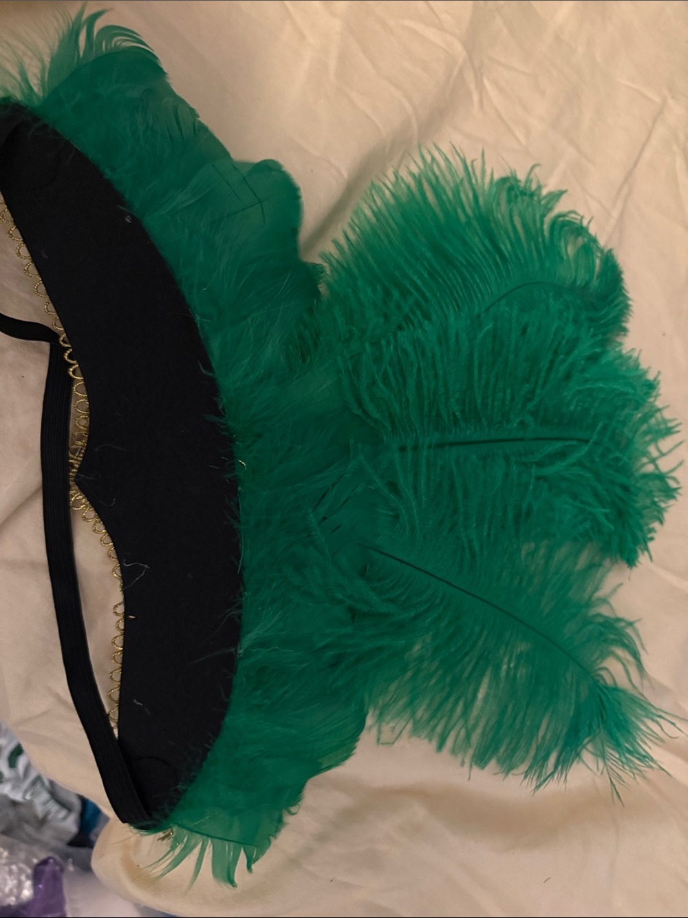 Green Feathered Sequin Showgirl Headpiece with Gold Trim - Picture 3 of 4